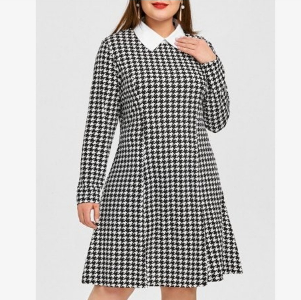 Houndstooth shirt collar dress